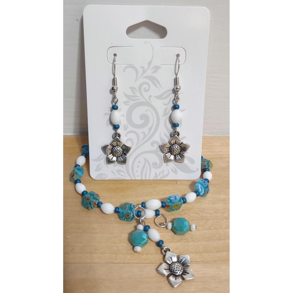 Forget Me Not Jewelry Set Memory Wire Bracelet and Earrings Silver Tone